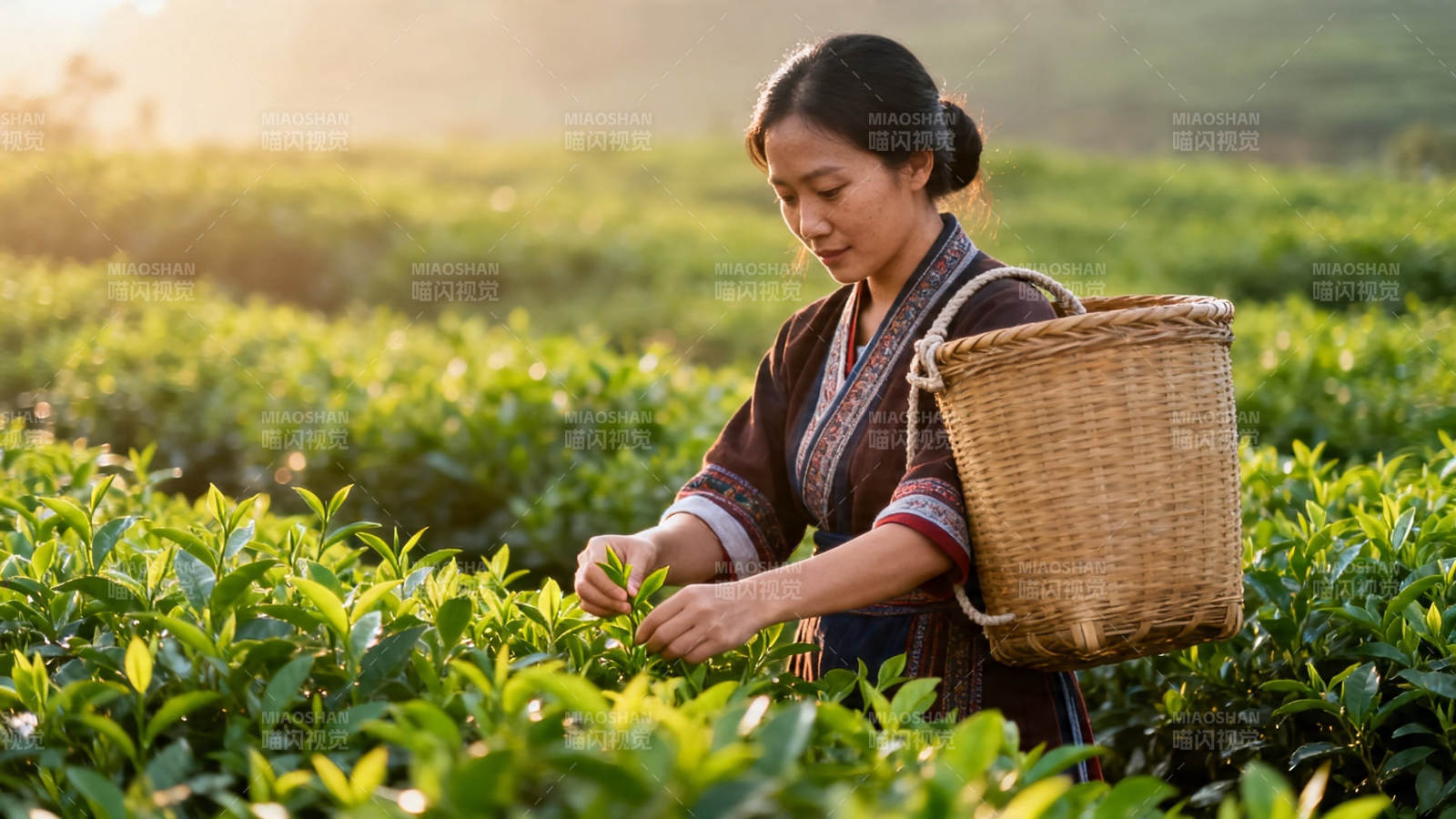 采茶女背篓摘新芽图片