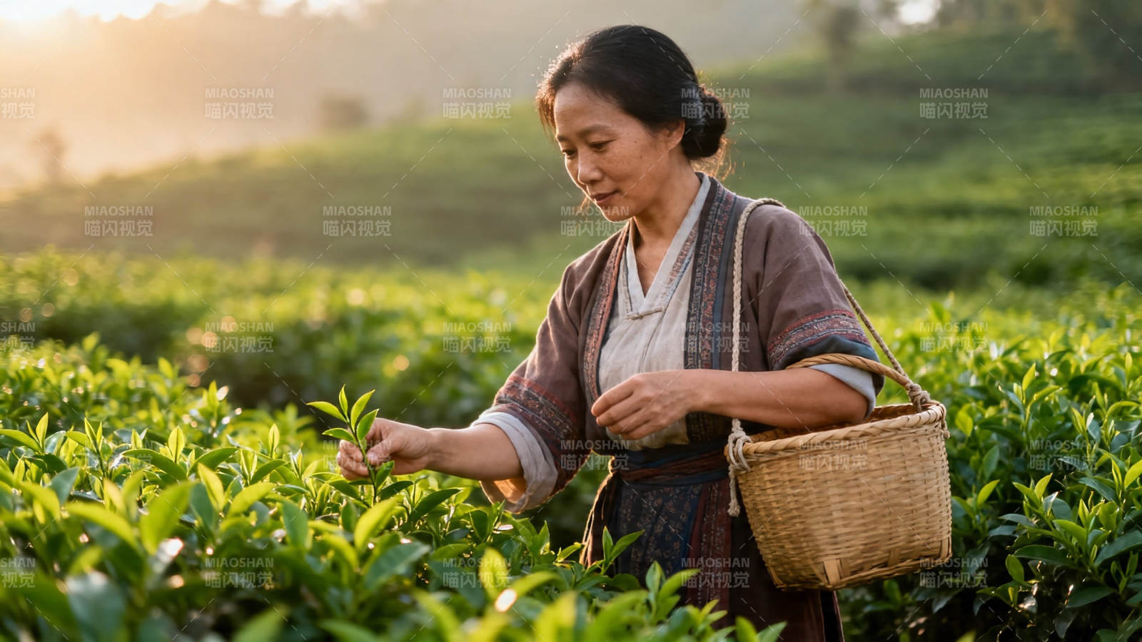 晨采茶妇 篮满清香图片