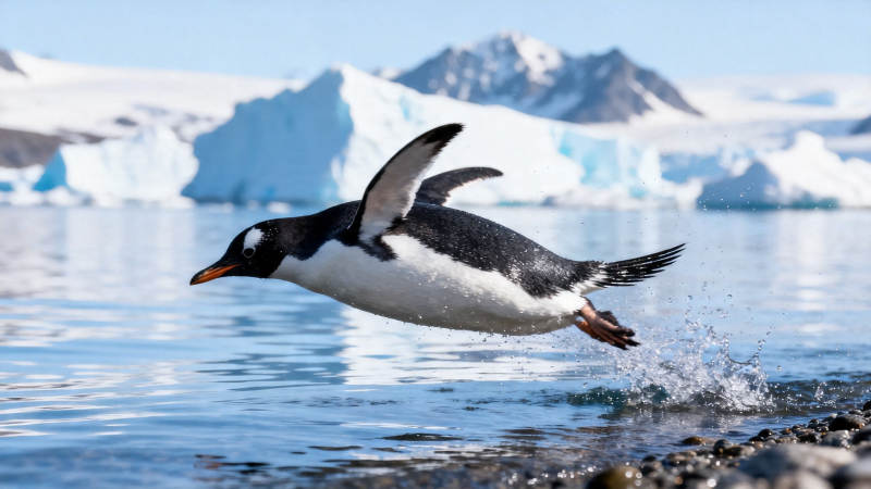 企鹅跃水 冰山为背景图片