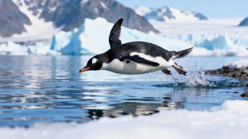 企鹅跃入冰海瞬间图片