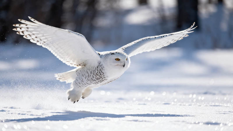 雪鸮展翅掠雪地图片