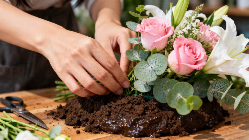 巧手插花 玫瑰百合伴尤加利图片