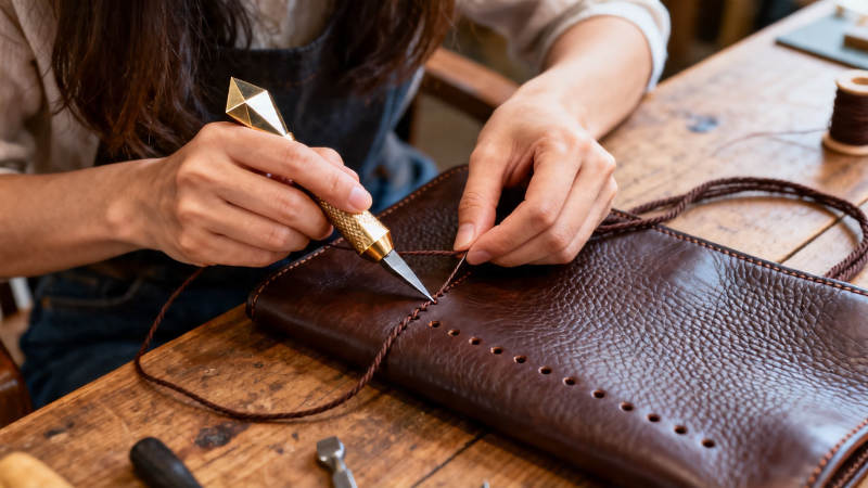 手工缝制皮包特写图片