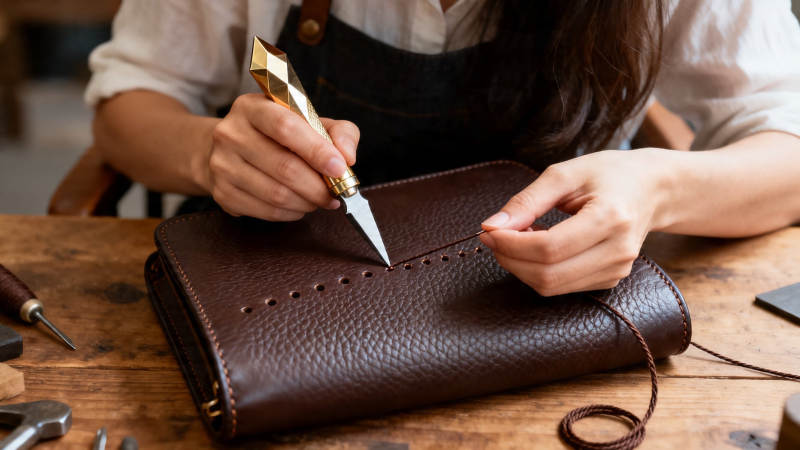 手工皮具缝制中图片