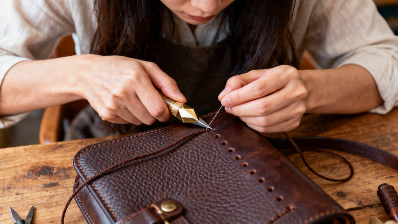手工缝制皮包特写图片