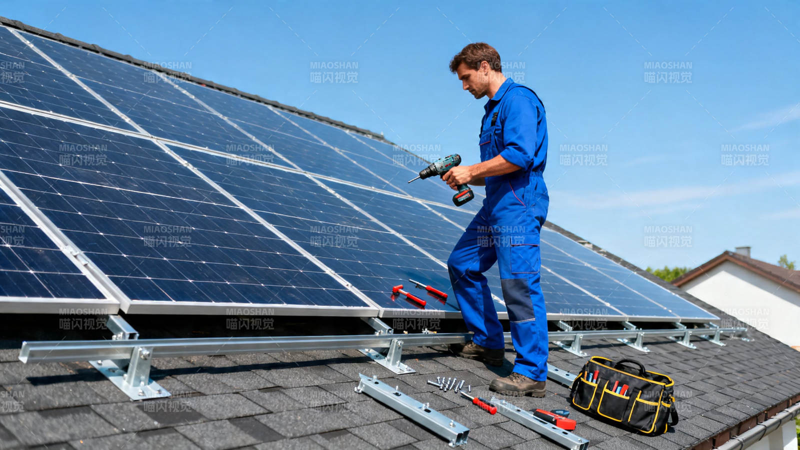 工人屋顶安装太阳能板图片