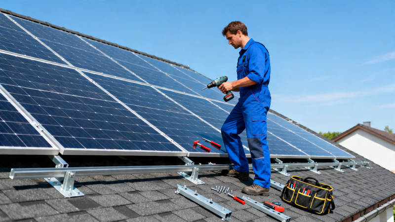 工人屋顶安装太阳能板图片