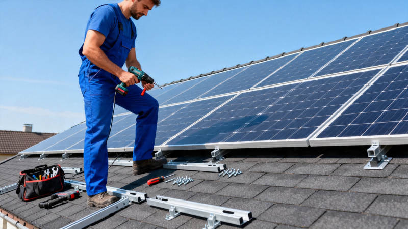 工人安装屋顶太阳能板图片