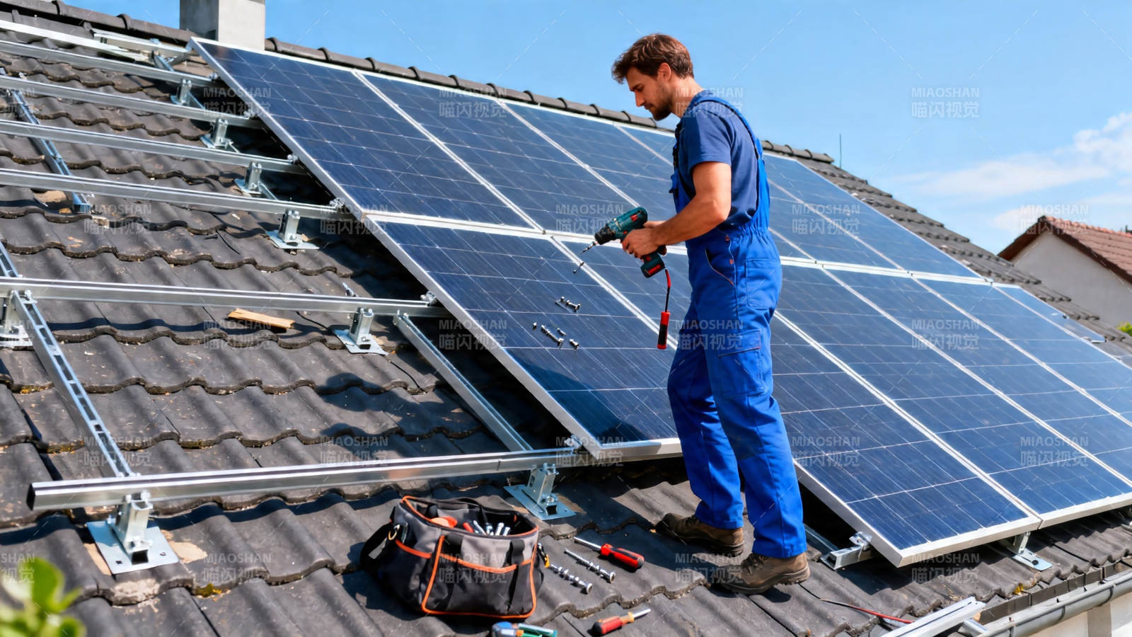 工人安装屋顶太阳能板图片