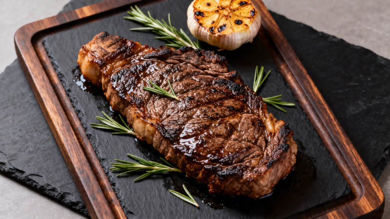 香煎牛排配迷迭香蒜头图片