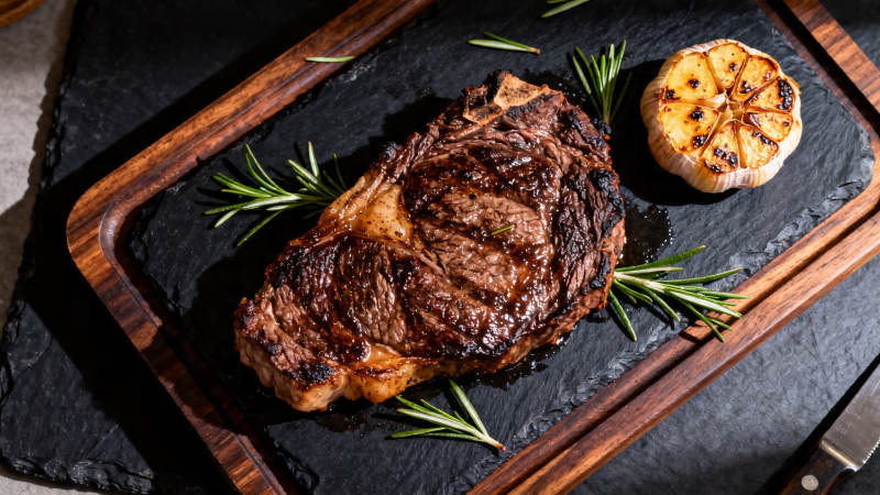 香煎牛排配烤蒜与迷迭香图片