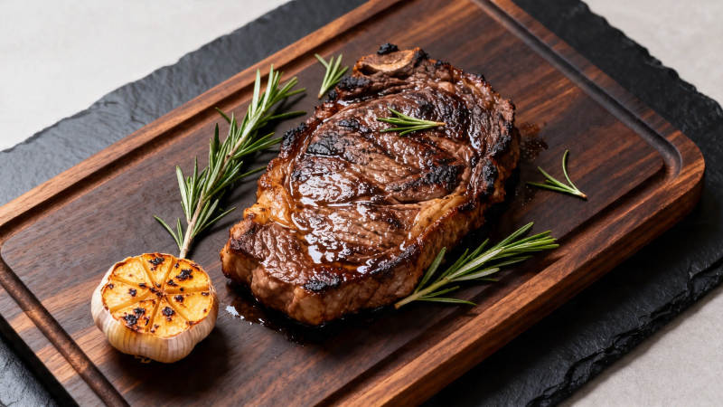 香煎牛排配迷迭香蒜头图片
