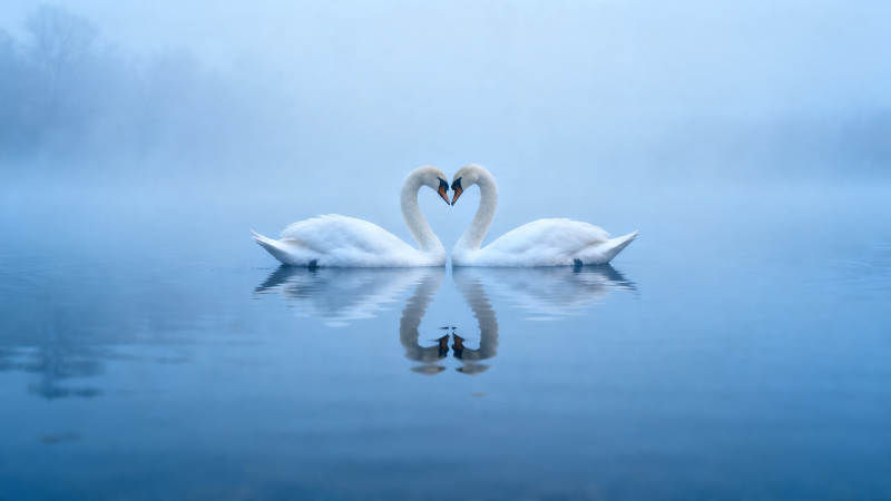 雾中天鹅心形倒影图片