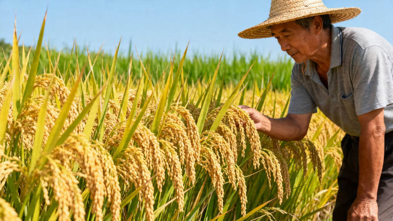 农人 inspect 稻穗丰收景图片