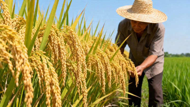 农人察稻穗 丰收在望时图片