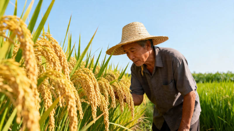 农人俯身察稻穗图片