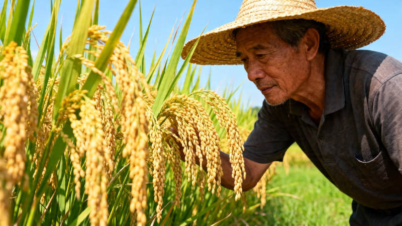 农人俯身察稻穗图片