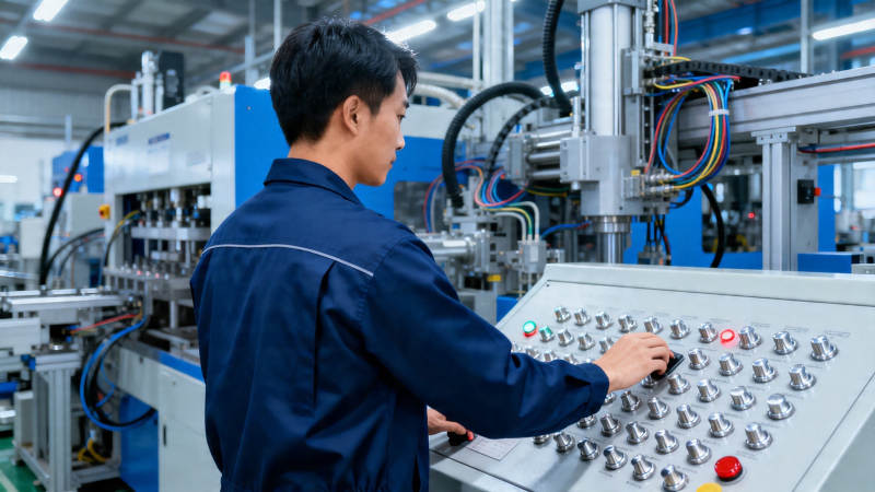 工人操作自动化生产线控制台图片