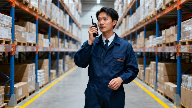 仓库管理员手持对讲机巡查图片