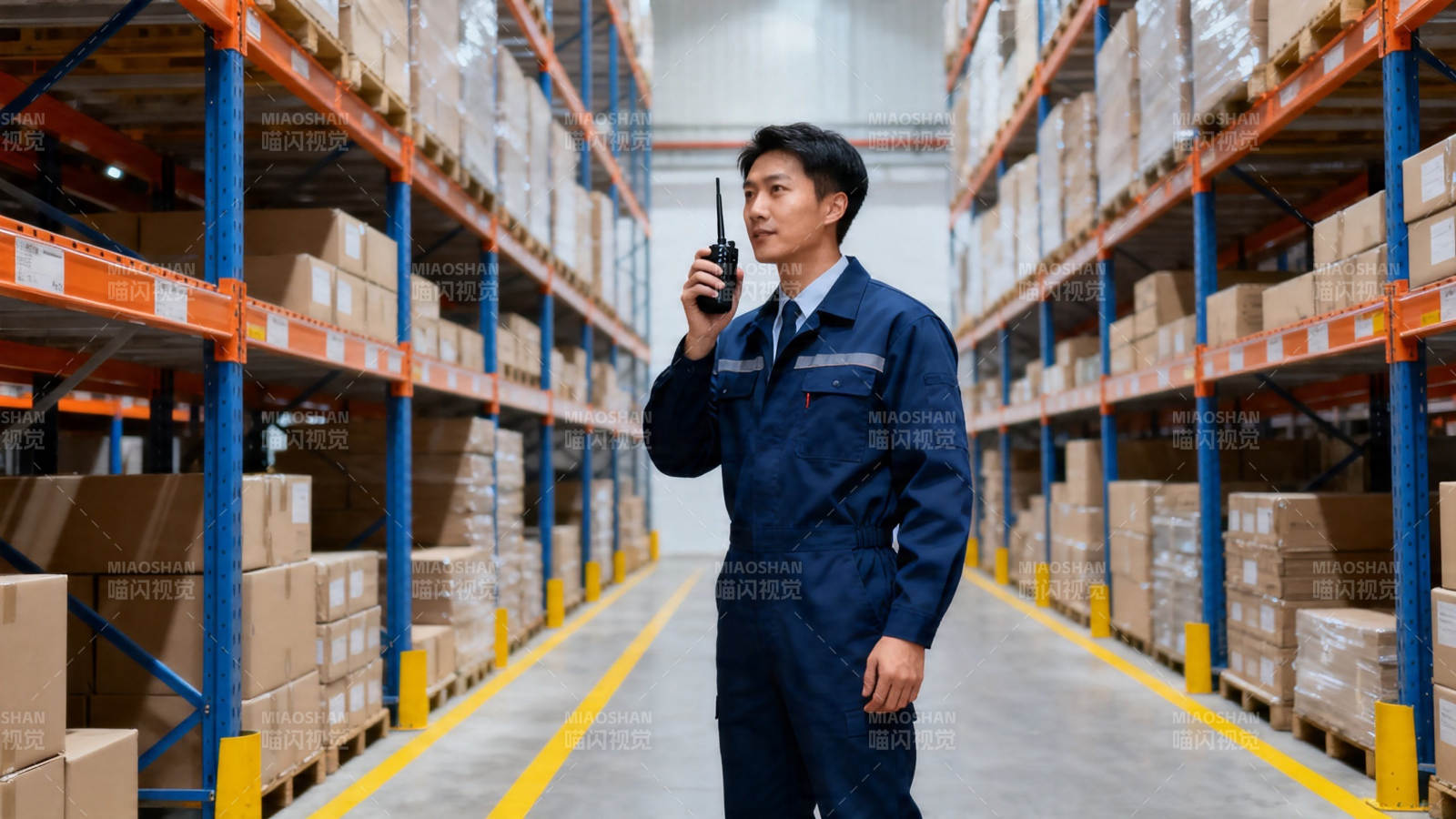 仓库管理员手持对讲机工作图片