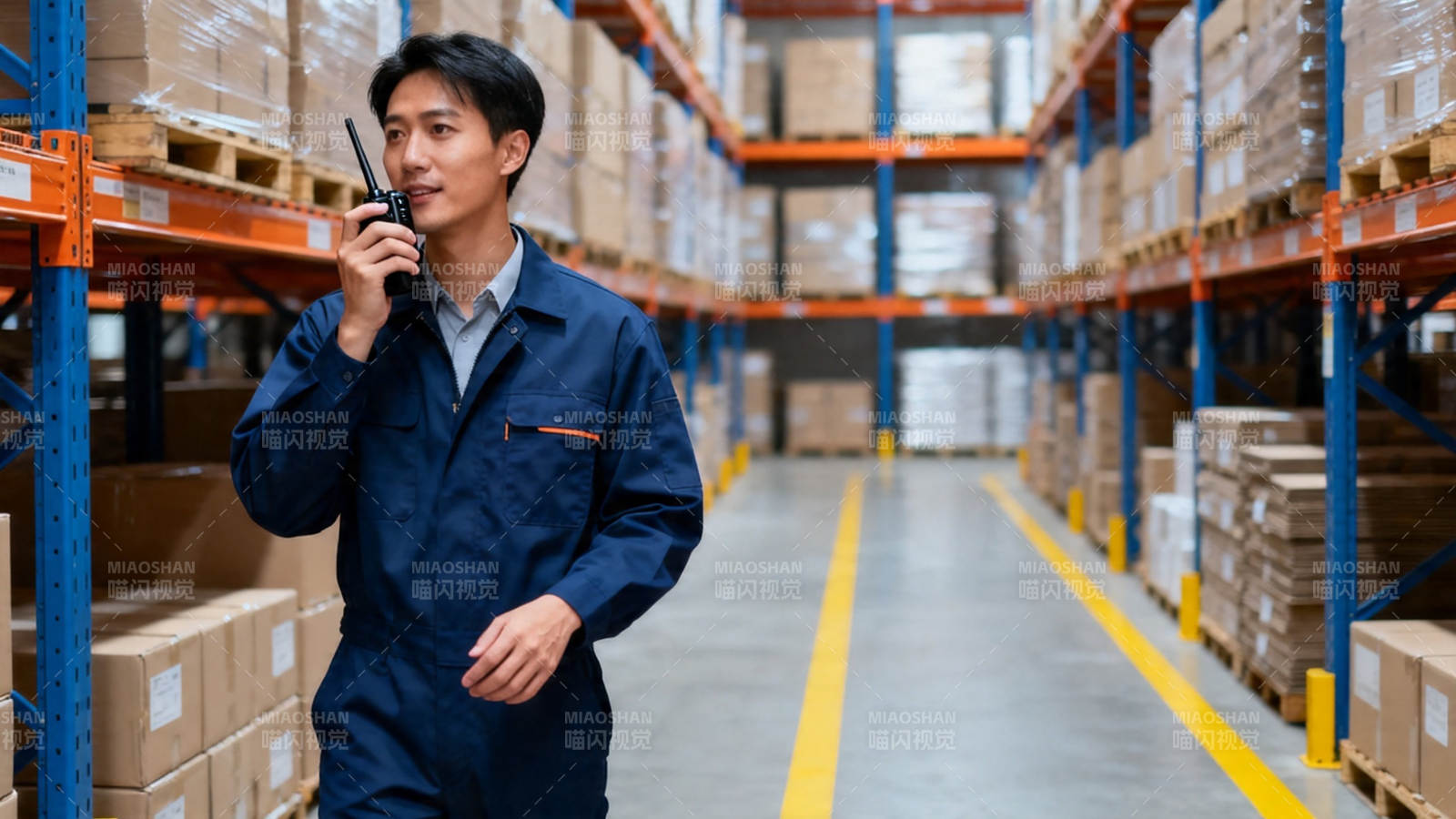 仓库工人手持对讲机巡查图片