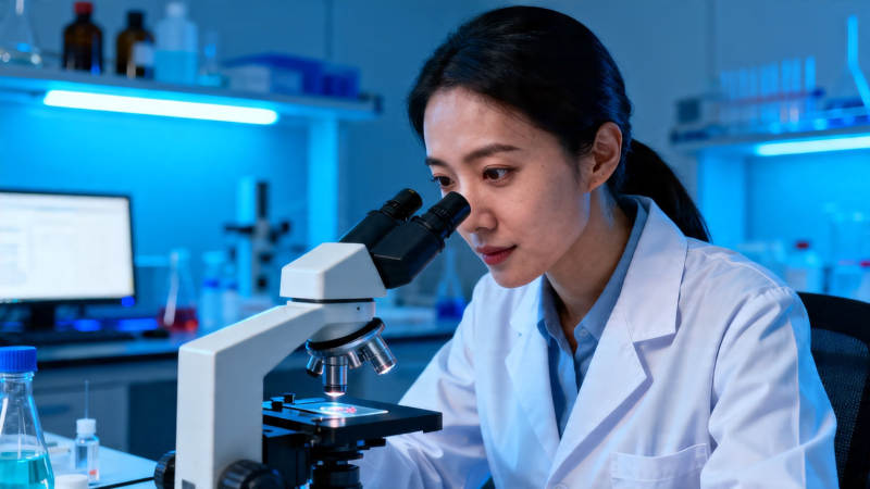 女科学家专注显微镜观察图片