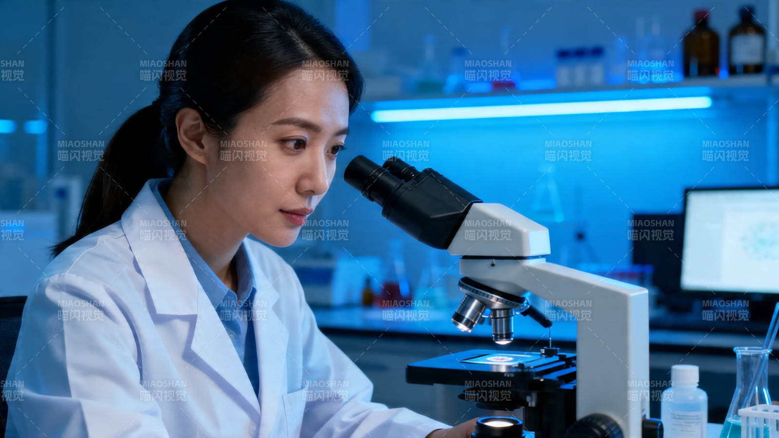 女科学家专注显微镜观察图片