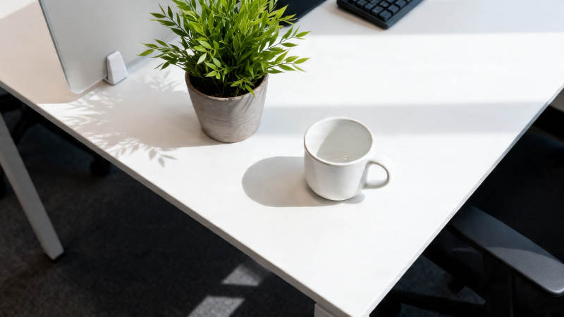 阳光书桌 绿植与白杯静享时光图片