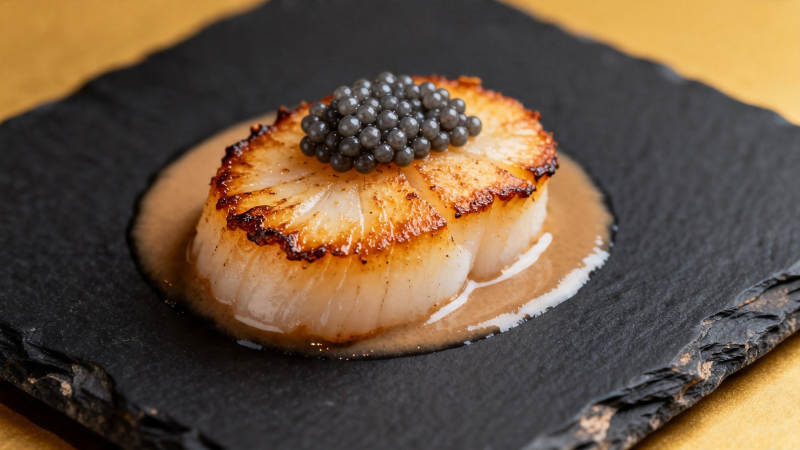 煎扇贝配鱼子酱图片