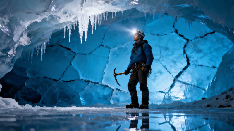 冰洞探险者持镐前行图片