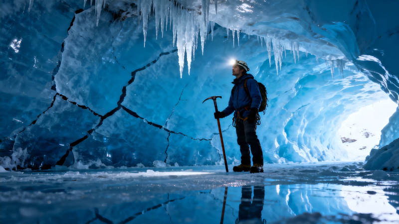 冰洞探险者持镐前行图片