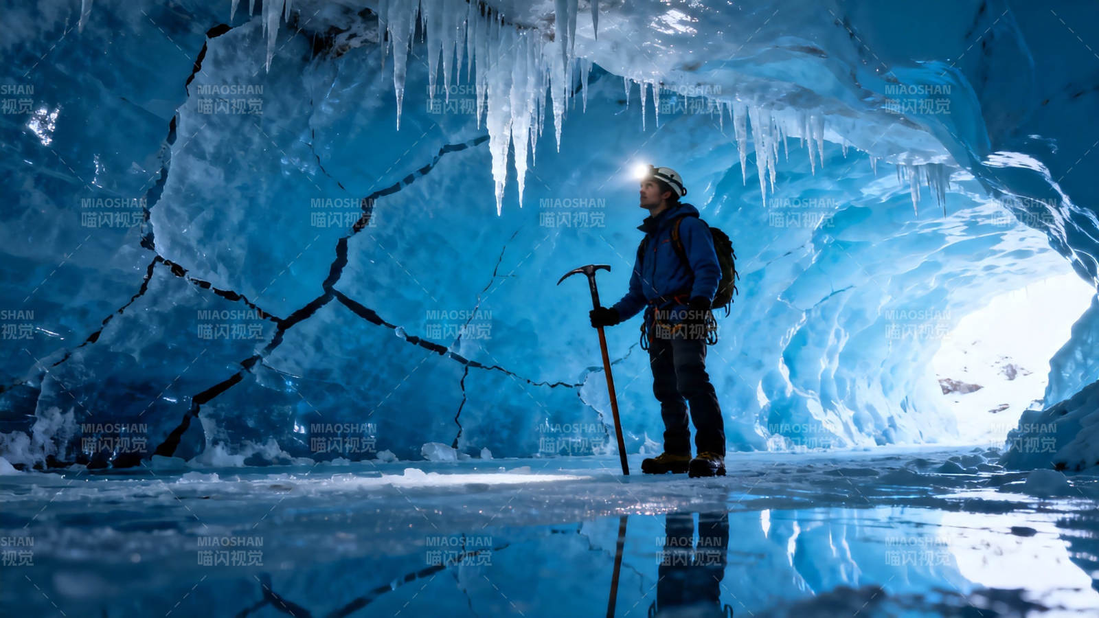 冰洞探险者持镐前行图片