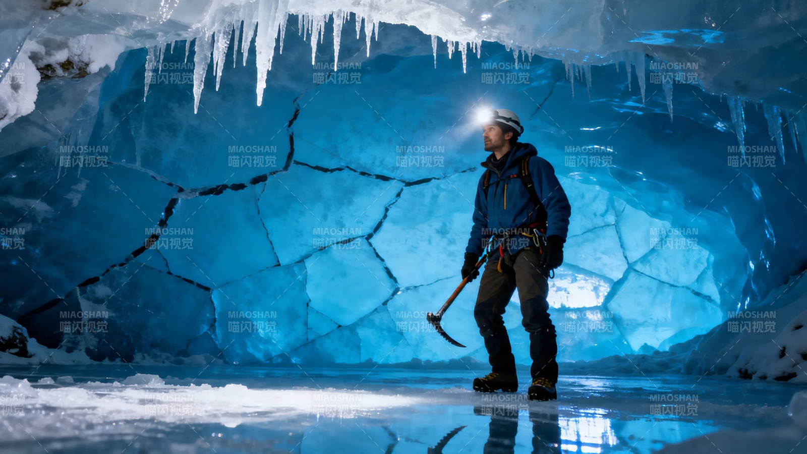 冰洞探险者持镐前行图片
