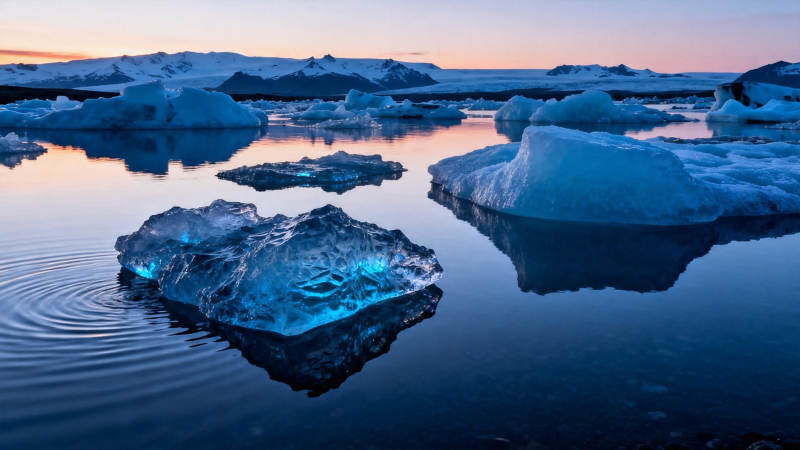 冰湖夕照 蓝冰映霞光图片