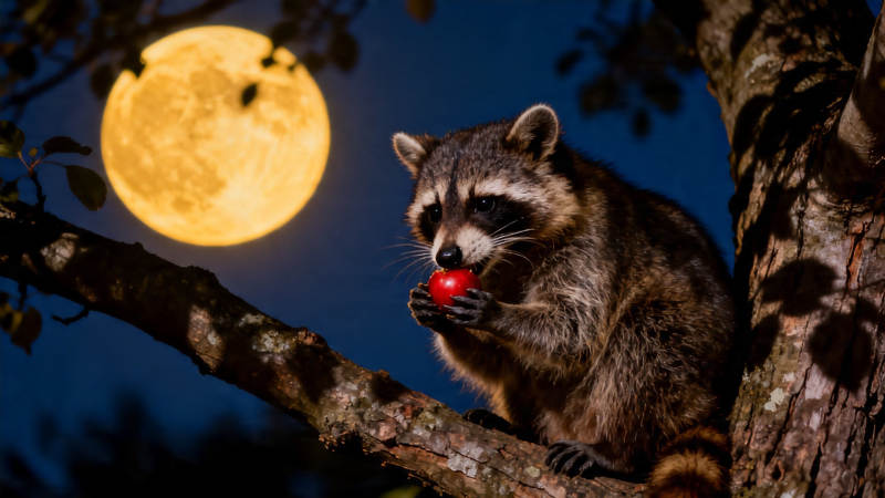 月夜浣熊啃红果图片