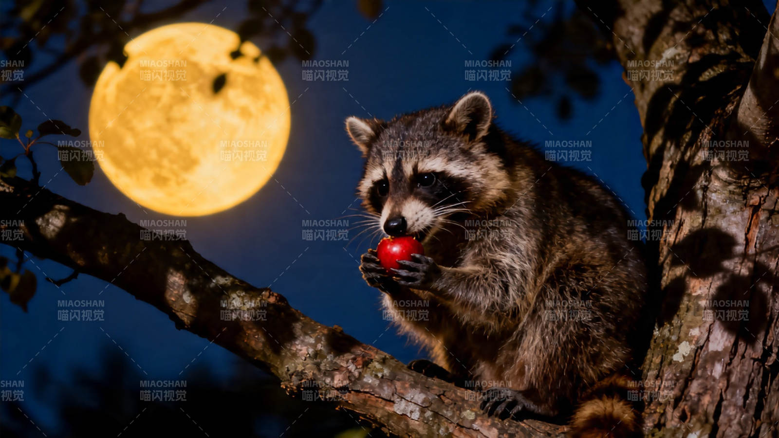 月夜浣熊啃红果图片