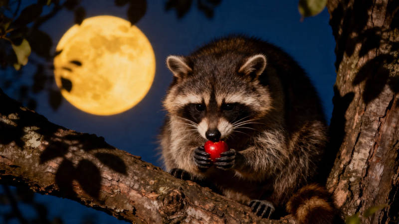 月夜浣熊啃红果图片