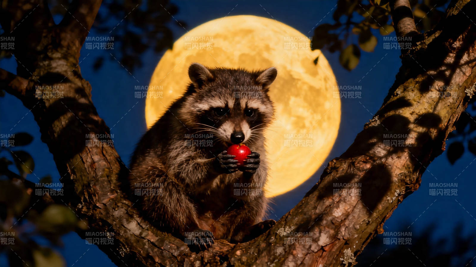 月夜 raccoon 吃红果图片
