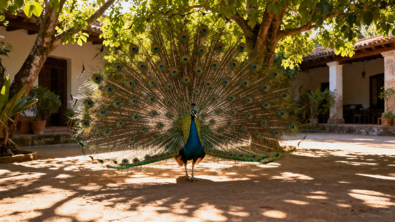 孔雀开屏 庭院生辉图片