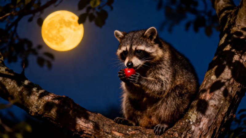 月夜浣熊啃红果图片