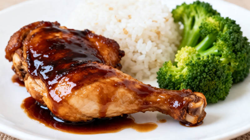 照烧鸡腿配米饭西兰花图片