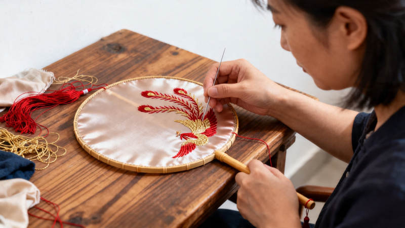 女子专注刺绣凤凰图案图片