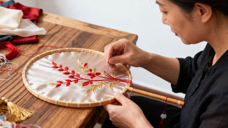 女子刺绣红果金叶图图片
