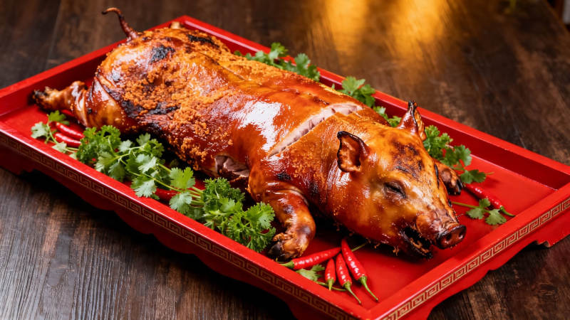 烤乳猪配香菜辣椒图片