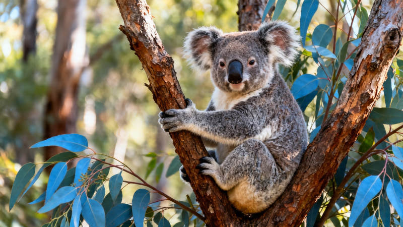 树袋熊抱树干萌态十足图片