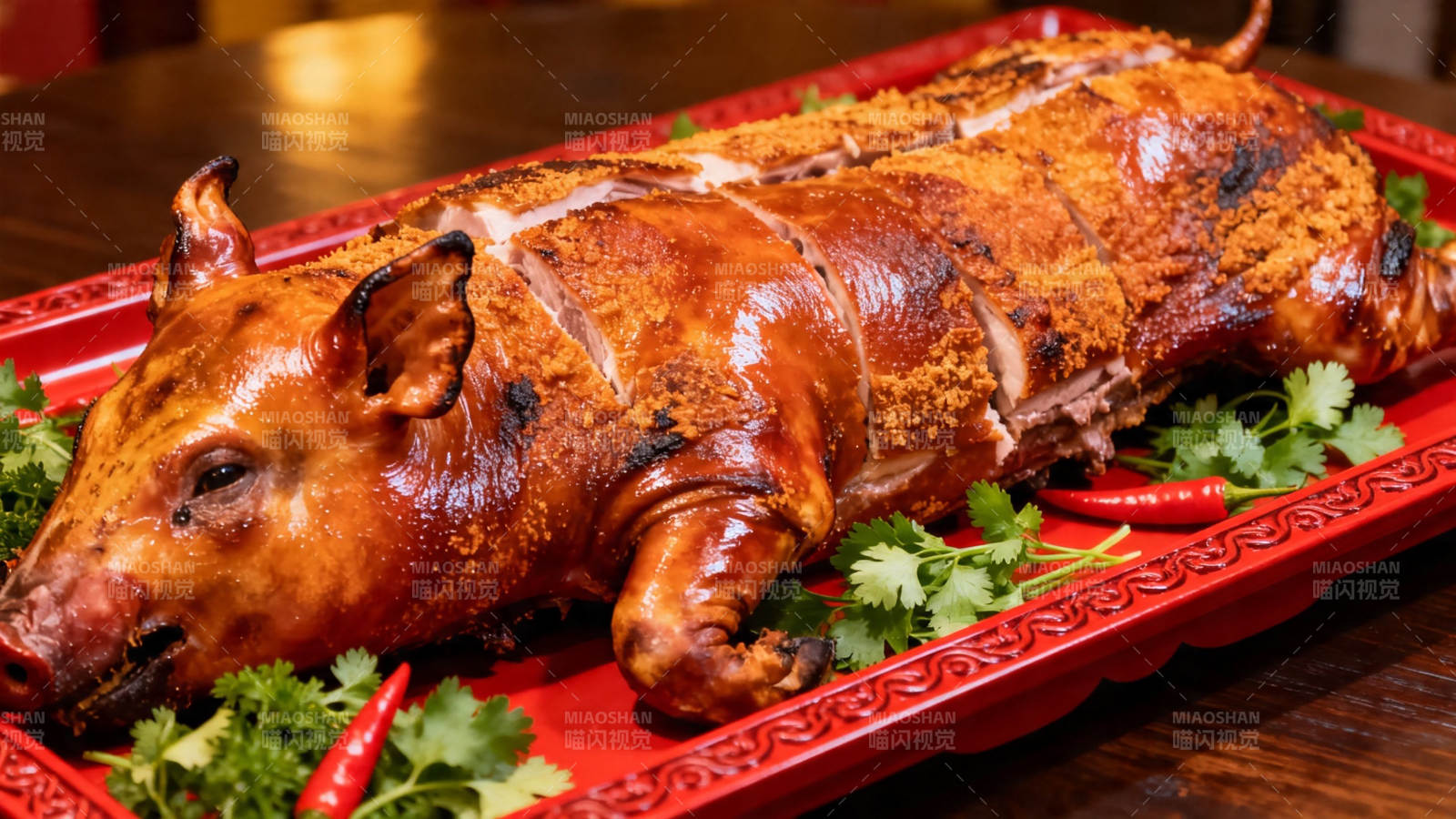 烤乳猪 金黄酥脆配香菜图片