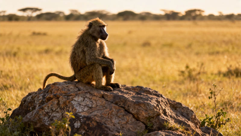 草原孤猴坐岩望远方图片