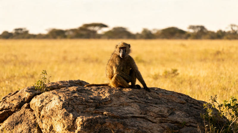 草原岩上狒狒静坐图片