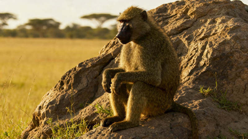 岩上狒狒望草原图片