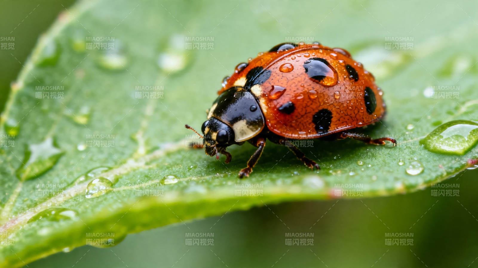 叶上瓢虫带露珠图片